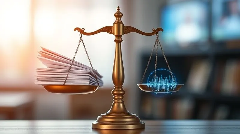 A photorealistic, professional photography image of a balanced scale with legal documents on one side and a glowing, abstract representation of student data on the other, symbolizing legal compliance and data protection. Cinematic lighting, sharp focus on the scale, depth of field blurring the background. 8K hyper-detailed, shot on a high-end DSLR.