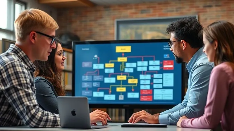 A photorealistic image of a diverse team of school administrators and IT professionals collaborating around a large digital flowchart on a screen, actively revising and updating security protocols. Cinematic lighting, sharp focus on the faces and screen, depth of field blurring the background. 8K hyper-detailed, shot on a high-end DSLR.