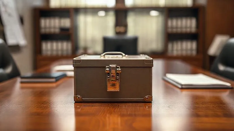 A photorealistic image of a secure, locked evidence box on a polished wooden table in a professional office setting, with legal documents subtly blurred in the background, cinematic lighting, sharp focus on the box, depth of field, 8K hyper-detailed, shot on a high-end DSLR.