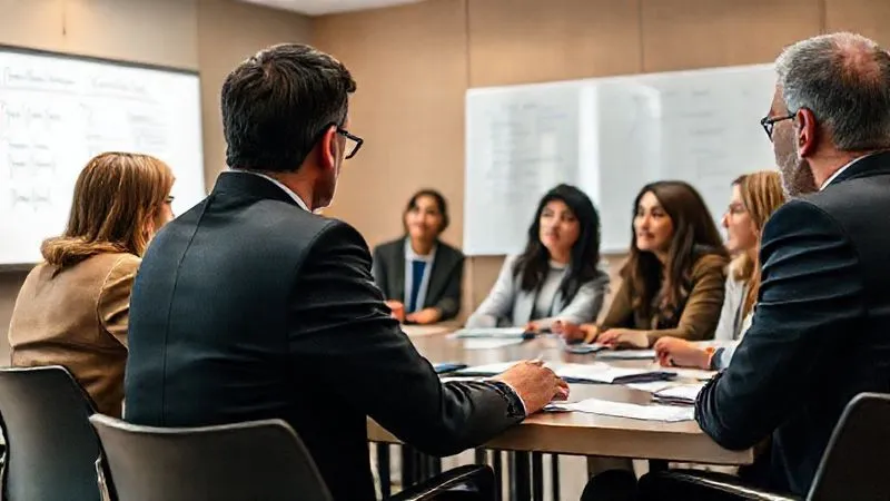 A photorealistic image of a diverse group of school administrators and legal professionals in a conference room, engaged in a serious discussion, with a whiteboard showing communication strategy points. Professional photography, 8K, cinematic lighting, sharp focus on the faces, depth of field, shot on a high-end DSLR.