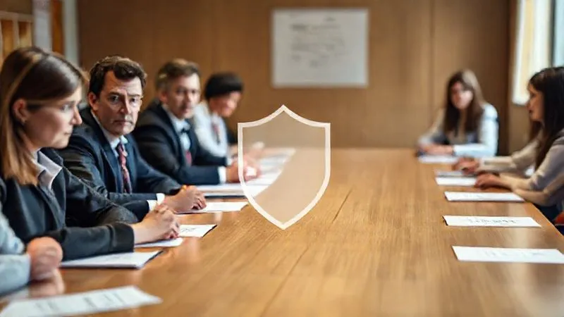 A photorealistic image of a school board meeting in session, with professional individuals looking concerned but determined, a shield graphic subtly overlaid on the table representing protection, cinematic lighting, sharp focus on the board members, depth of field blurring the background, 8K hyper-detailed, shot on a high-end DSLR.