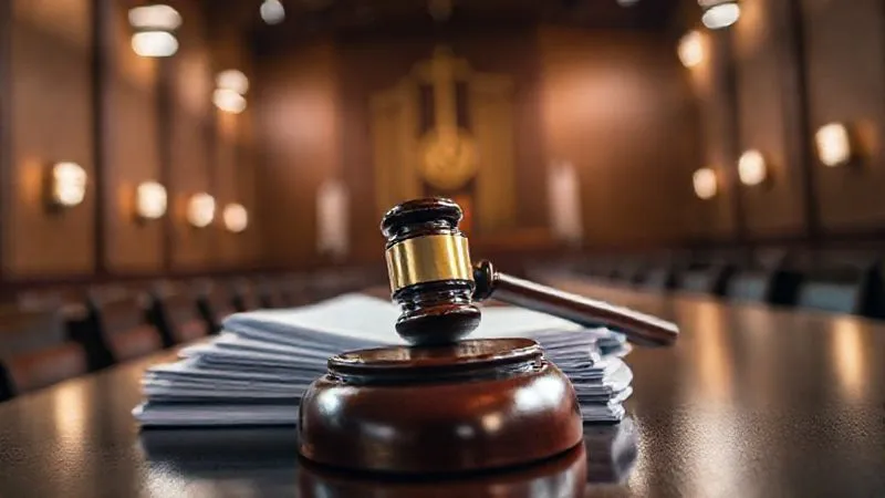A photorealistic close-up of a judge's gavel resting on a stack of legal documents, with a blurred background of a modern, bustling courtroom. The lighting is dramatic, emphasizing the gravity and finality of legal decisions. photorealistic, professional photography, 8K, cinematic lighting, sharp focus, depth of field, shot on a high-end DSLR