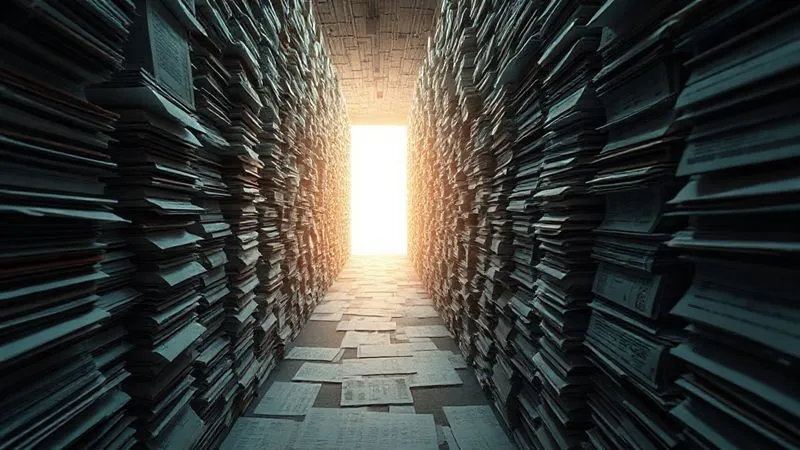 A photorealistic image of a complex financial labyrinth or maze, with a single path illuminated by a faint light leading towards a distant exit. The walls are made of stacks of legal documents and financial reports, symbolizing the challenges and complexities of securing financing. The overall mood is challenging but hopeful. photorealistic, professional photography, 8K, cinematic lighting, sharp focus, depth of field, shot on a high-end DSLR