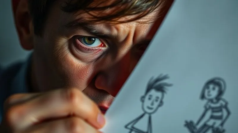 Photorealistic, professional photography, 8K, cinematic lighting, sharp focus, depth of field, shot on a high-end DSLR, of a concerned adult's face, partially obscured, looking intently at a child's drawing that depicts unsettling imagery. The adult's expression conveys deep worry and a sense of urgency, with soft, dramatic lighting highlighting their furrowed brow.