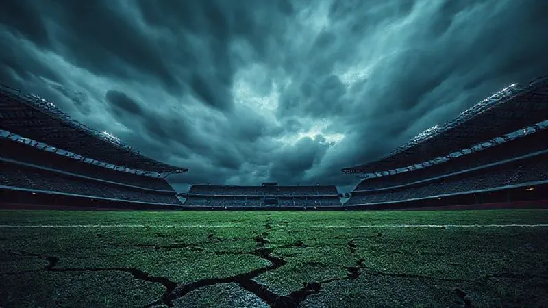 A photorealistic image of a distorted sports field under a dark, stormy sky, with cracks appearing on the ground, symbolizing the erosion of integrity caused by match-fixing. Cinematic lighting, 8K, sharp focus, depth of field, professional photography.