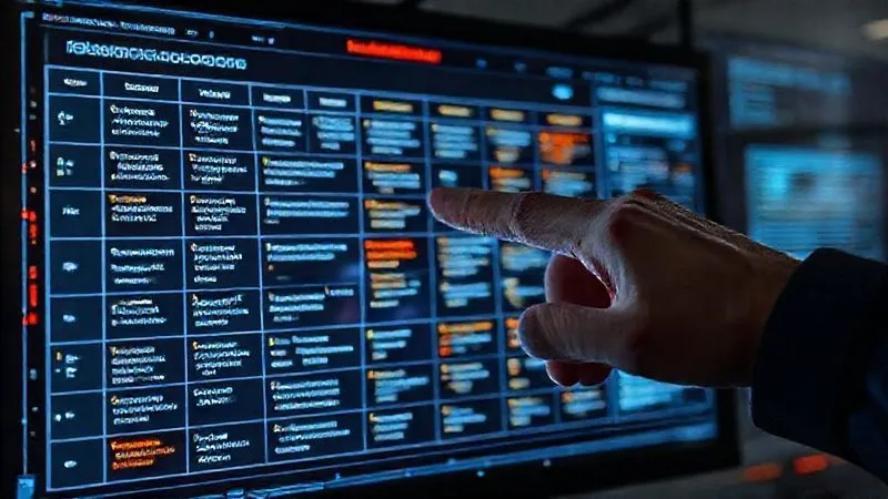 A photorealistic, professional photography, 8K, cinematic lighting, sharp focus, depth of field, shot on a high-end DSLR of a complex risk assessment matrix on a digital screen, with various threats and mitigation strategies highlighted. A hand points to an 'evolving threats' section, emphasizing continuous adaptation.