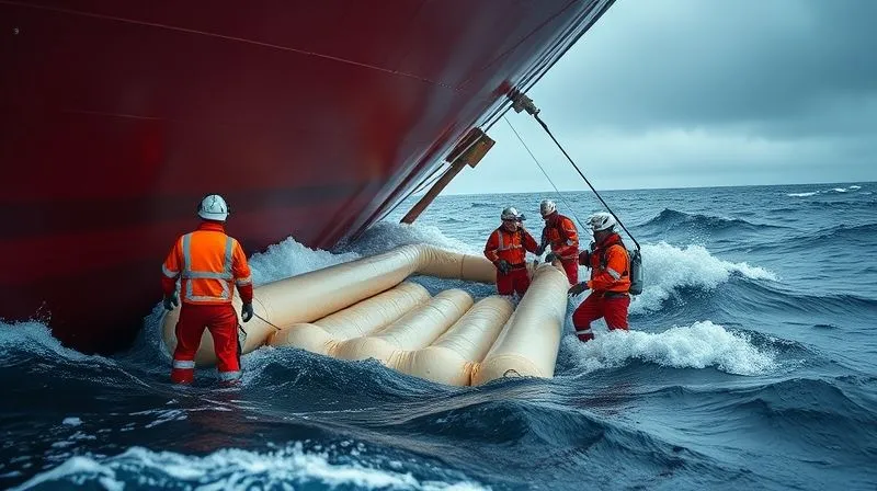 A photorealistic, professional photography, 8K, cinematic lighting, sharp focus, depth of field, shot on a high-end DSLR. A team of emergency responders in high-visibility gear working diligently around a ship's hull, deploying oil containment booms on a choppy sea, with a sense of urgency and coordinated effort.