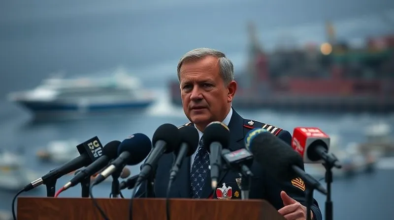 A photorealistic, professional photography, 8K, cinematic lighting, sharp focus, depth of field, shot on a high-end DSLR. A somber maritime executive at a press conference podium, microphones clustered, delivering a statement with a backdrop showing a blurred image of a coastline, conveying accountability and transparency during a crisis.