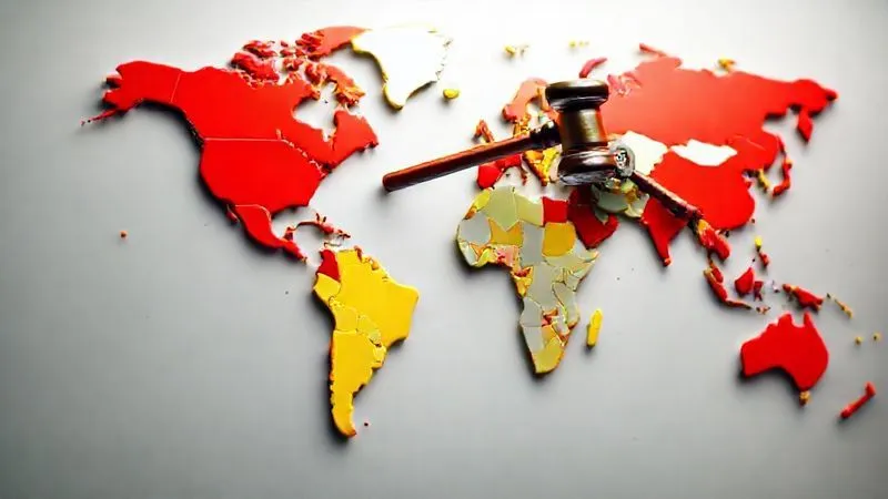 A photorealistic 3D map of the world, with different countries highlighted in various shades of red, yellow, and green, representing the complexity and varying strength of intellectual property laws. Legal gavels and intertwined gears are subtly integrated into the map's texture, suggesting legal and industrial complexity. Cinematic lighting, sharp focus, depth of field. Professional photography, 8K hyper-detailed, shot on a high-end DSLR.