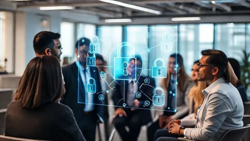 A photorealistic image of a diverse group of professionals in a modern, well-lit office, engaged in a training session focused on data security. They are looking at a holographic display showing interconnected locks and data streams. The atmosphere is serious but collaborative. Cinematic lighting, sharp focus on the group, depth of field blurring the background. Professional photography, 8K hyper-detailed, shot on a high-end DSLR.