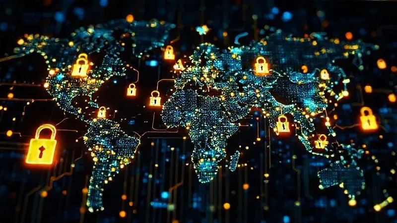 A photorealistic intricate network of glowing data streams flowing across a stylized world map, highlighting various data centers and regulatory zones. Digital locks and shields are interspersed within the data flow, representing security and compliance. Cinematic lighting, sharp focus on the data streams, depth of field blurring the background. Professional photography, 8K hyper-detailed, shot on a high-end DSLR.