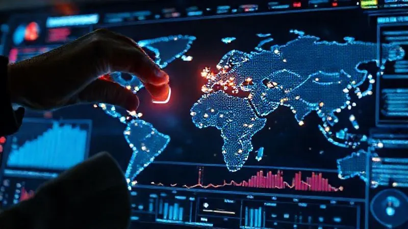 A photorealistic image of a sophisticated digital dashboard displaying real-time data on global IP threats, legal updates, and security metrics. The interface shows a world map with glowing nodes representing different markets, and a timeline indicating legal changes. A professional hand is interacting with a holographic screen, indicating active monitoring. Cinematic lighting, sharp focus, depth of field. Professional photography, 8K hyper-detailed, shot on a high-end DSLR.