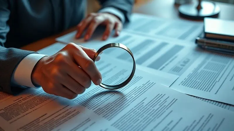 photorealistic, professional photography, 8K, cinematic lighting, sharp focus, depth of field, shot on a high-end DSLR, a person meticulously reviewing legal documents spread across a large desk, with a magnifying glass over a contract clause. The scene is bathed in focused, task-oriented light, conveying deep concentration and investigation.