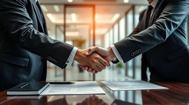 photorealistic, professional photography, 8K, cinematic lighting, sharp focus, depth of field, shot on a high-end DSLR, two diverse business professionals shaking hands over a table with legal documents, symbolizing a successful transition and agreement. The atmosphere is positive and collaborative, with a modern office background.