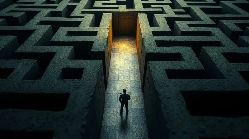 photorealistic, professional photography, 8K, cinematic lighting, sharp focus, depth of field, shot on a high-end DSLR, a maze with several dead ends and a clear path forward, viewed from above. A small human figure is at the entrance, contemplating the best route. The lighting highlights the correct path, suggesting strategic decision-making in a complex situation.