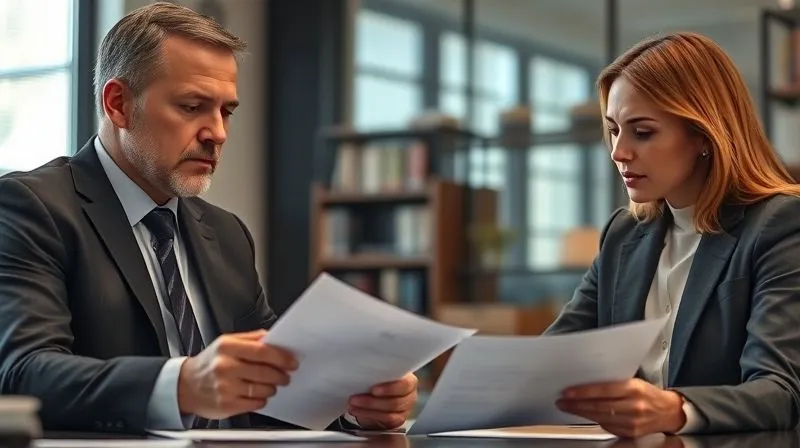 photorealistic, professional photography, 8K, cinematic lighting, sharp focus, depth of field, shot on a high-end DSLR, a lawyer in a professional suit, with a thoughtful expression, reviewing documents with a client in a modern, well-lit office. The focus is on their interaction, conveying trust and expert guidance.