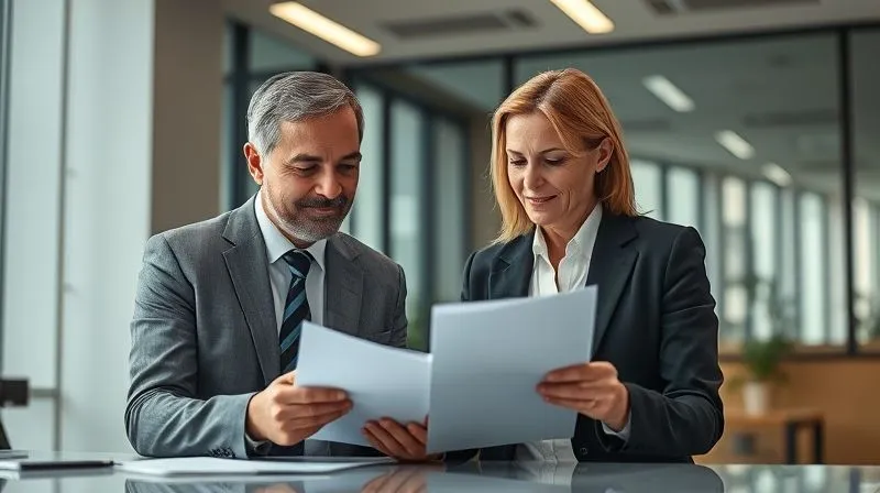 Photorealistic image of two professionals, one looking like a lawyer, calmly discussing documents in a modern, well-lit office, conveying trust and expertise, 8K, cinematic lighting, sharp focus, depth of field.