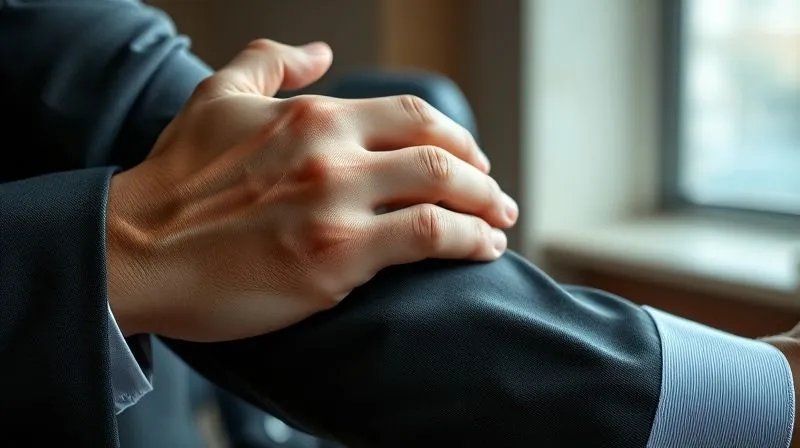A photorealistic image of a lawyer's hand gently resting on a client's arm, client's face partially obscured by blurred hands, conveying empathy and support in a professional setting, cinematic lighting, 8K hyper-detailed.