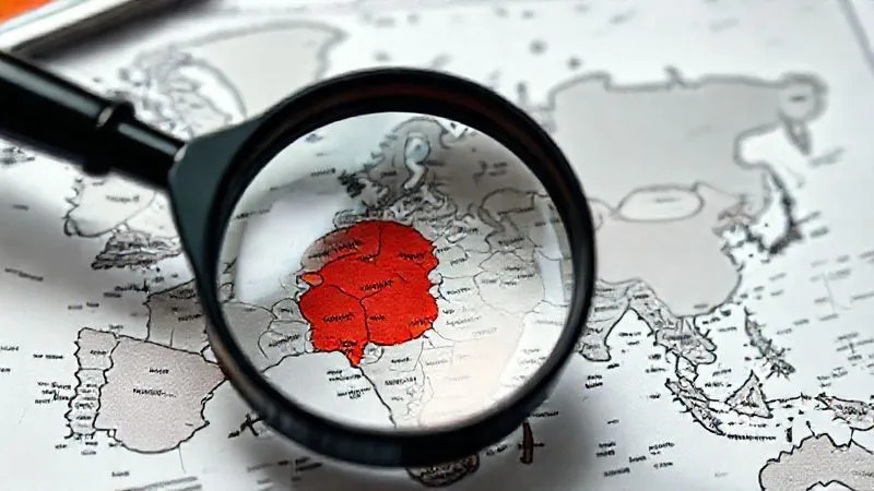 photorealistic, professional photography, 8K, cinematic lighting, sharp focus, depth of field, shot on a high-end DSLR, a magnifying glass hovering over a complex, overlapping map of international tax regulations, highlighting a specific red zone or challenging area, symbolizing the need for precise identification of the residency trigger, with blurred financial documents in the background.