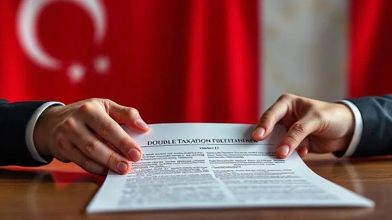 photorealistic, professional photography, 8K, cinematic lighting, sharp focus, depth of field, shot on a high-end DSLR, two distinct national flags blurred in the background, with a legal document titled 'Double Taxation Treaty' or 'MAP Agreement' in sharp focus in the foreground, professional hands pointing to specific clauses, conveying the intricate legal framework used for dispute resolution.