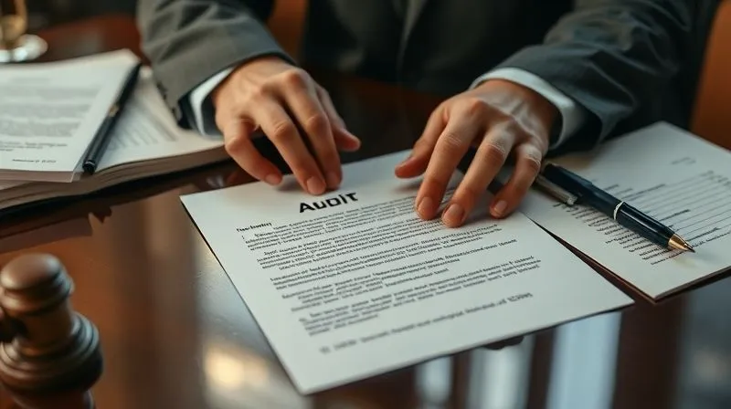 A close-up, photorealistic image of hands meticulously reviewing a formal audit notification letter on a polished desk, surrounded by legal documents, with a focused, serious expression, cinematic lighting highlighting the text, sharp focus, depth of field blurring the background, 8K hyper-detailed.