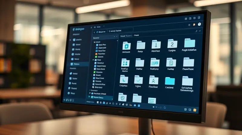 A photorealistic, professional photography shot of a well-organized digital archive interface on a sleek monitor, displaying neatly categorized folders and files for compliance documents, with a blurred background of a modern office, 8K, cinematic lighting, sharp focus on the screen, depth of field.