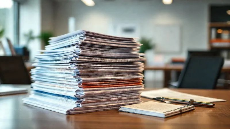 Photorealistic, professional photography, 8K, cinematic lighting, sharp focus on a meticulously organized desk with stacks of financial documents, ledgers, and folders, perhaps color-coded, a discreet legal pad and pen nearby, depth of field blurring a modern, clean office background, conveying order amidst potential chaos.