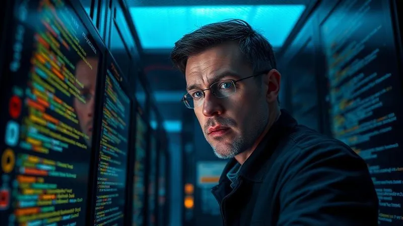 A photorealistic image of a digital forensics expert intently examining lines of code on multiple glowing screens in a dark server room, with an urgent, focused expression. cinematic lighting, sharp focus on the screens and the expert's face, depth of field blurring the background, 8K hyper-detailed.