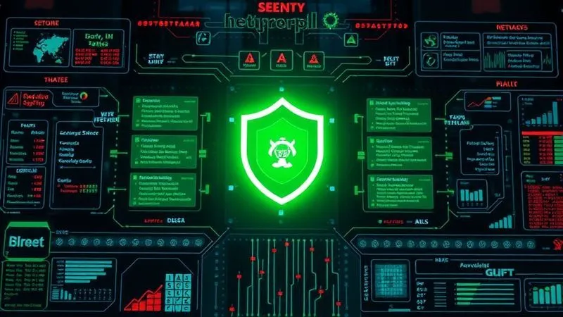 A photorealistic image of a complex digital security dashboard displaying real-time threat alerts and network activity, with a glowing green shield icon in the center, symbolizing robust protection. cinematic lighting, sharp focus on the dashboard, depth of field blurring a server rack background, 8K hyper-detailed.