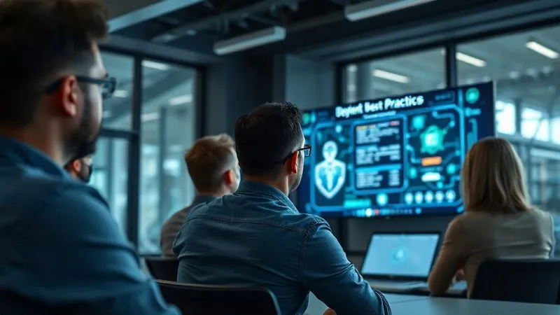 A photorealistic image of a secure, modern office environment where employees are engaged in a cybersecurity training session, looking attentive at a presenter on a large screen displaying data security best practices. cinematic lighting, sharp focus on the employees and screen, depth of field blurring the background, 8K hyper-detailed.