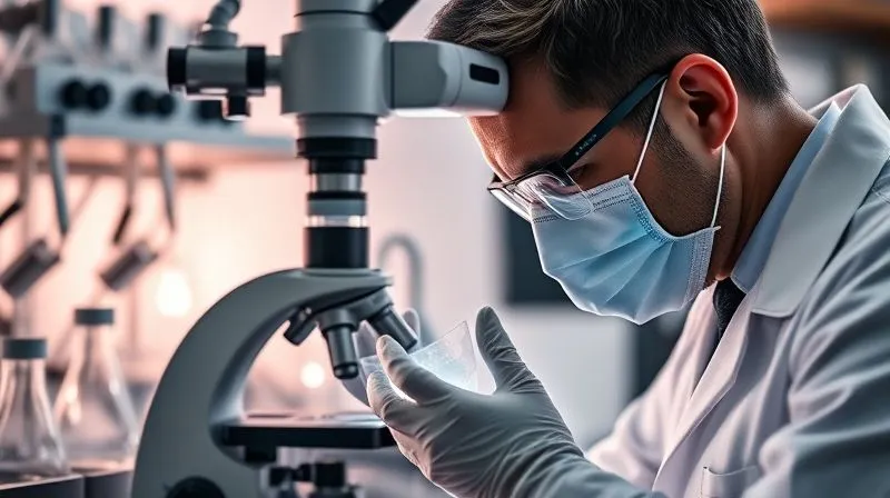 Photorealistic, professional photography, 8K, cinematic lighting, sharp focus, depth of field, shot on a high-end DSLR. A meticulous forensic chemist in a sterile lab environment, wearing gloves and safety glasses, carefully analyzing a substance under a high-powered microscope. Beakers, test tubes, and complex scientific equipment are visible in the background, all in sharp focus, conveying precision and scientific rigor in a federal drug case defense.