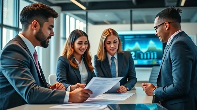 A photorealistic image of a diverse team of financial professionals (tax attorney, CPA, financial advisor) in a modern, well-lit office, collaboratively reviewing complex legal and financial documents on a large digital screen, conveying expert guidance and strategic planning. 8K, professional photography, sharp focus on the team, depth of field blurring the background, shot on a high-end DSLR, conveying trust and collaboration.