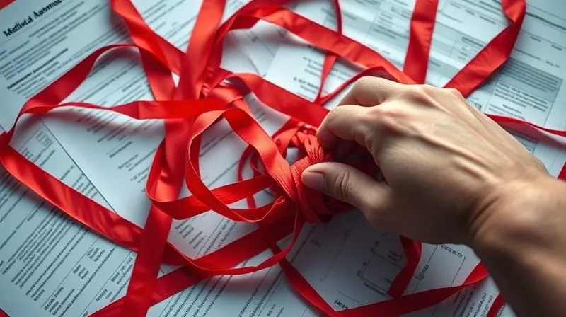 A photorealistic, professional photography, 8K, cinematic lighting, sharp focus, depth of field, shot on a high-end DSLR, showing a tangled web of red tape and legal documents overlapping with medical charts, symbolizing the complexity of medical liens. A person's hand is trying to untangle a specific knot, highlighting the challenge.