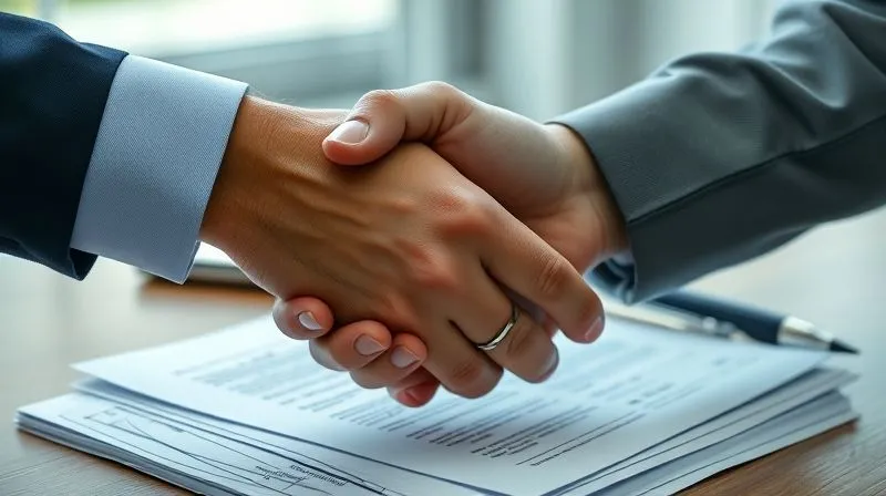 A photorealistic, professional photography, 8K, cinematic lighting, sharp focus, depth of field, shot on a high-end DSLR, depicting two hands clasped in a handshake over a blurred stack of legal and medical documents. One hand appears firm and experienced, the other slightly relieved, symbolizing successful negotiation and resolution of a complex financial issue. The lighting emphasizes the texture of the hands and documents.