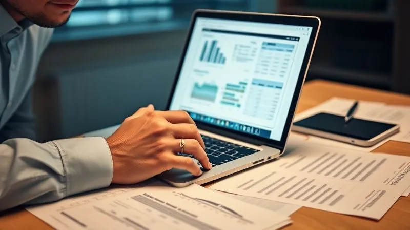 A photorealistic, professional photography image of a business person meticulously reviewing financial spreadsheets on a laptop, with physical documents spread out on a desk, a focused expression under soft, cinematic lighting. 8K, sharp focus on the laptop screen and documents, depth of field blurring the background, shot on a high-end DSLR.