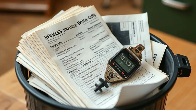 A photorealistic, professional photography image of a stack of old, worn-out paper invoices and a broken piece of small office equipment being discarded into a recycle bin, symbolizing bad debt and obsolete asset write-offs. Cinematic lighting, sharp focus on the items being discarded, depth of field blurring the background, 8K, shot on a high-end DSLR.