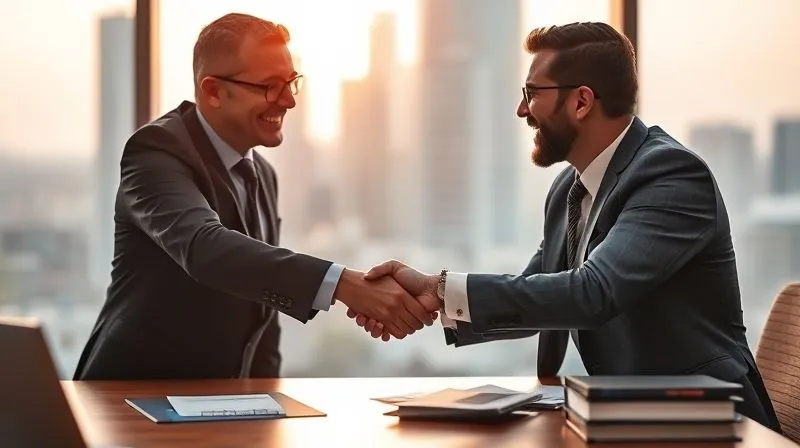 A photorealistic, professional photography image of a C-corp executive shaking hands with a knowledgeable tax advisor across a modern office desk, symbolizing expert consultation and partnership. The background is a blurred cityscape, under warm, professional lighting. 8K, sharp focus on the handshake and faces, depth of field blurring the background, shot on a high-end DSLR.