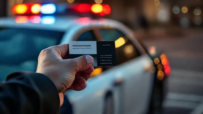 A photorealistic, professional photography, 8K, cinematic lighting, sharp focus, depth of field, shot on a high-end DSLR. A person's hand firmly grasping a business card for a legal defense attorney, with a blurred police car in the background, symbolizing immediate legal action in a moment of crisis.