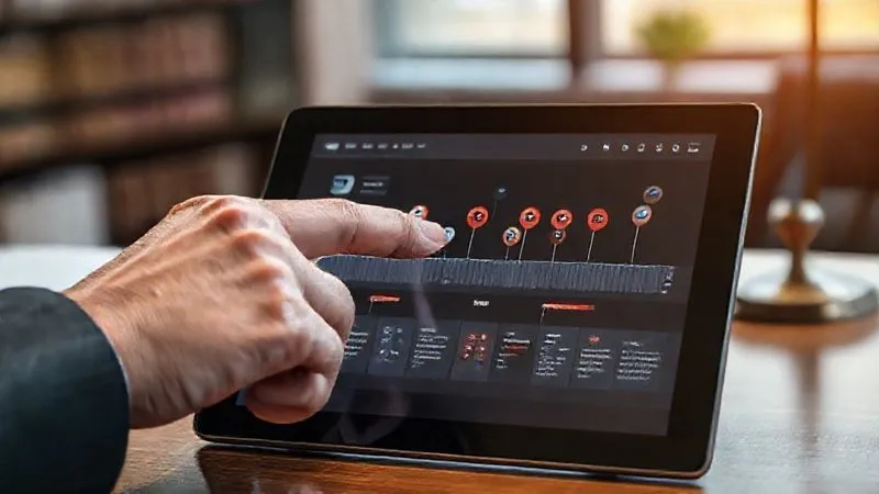 A photorealistic, professional photography, 8K, cinematic lighting, sharp focus, depth of field, shot on a high-end DSLR. A hand pointing at a timeline displayed on a tablet screen, showing various digital communication icons (text, email, social media) and location pins, meticulously organized to refute a false claim. The background is a blurred legal office setting.