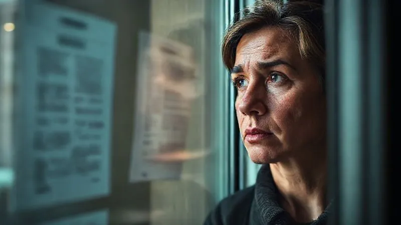A photorealistic, professional photography, 8K, cinematic lighting, sharp focus, depth of field, shot on a high-end DSLR. A person looking out of a window with a pensive expression, the window pane reflecting blurred legal documents, symbolizing the emotional burden of legal battles. The lighting is soft but emphasizes a sense of contemplation and resilience.
