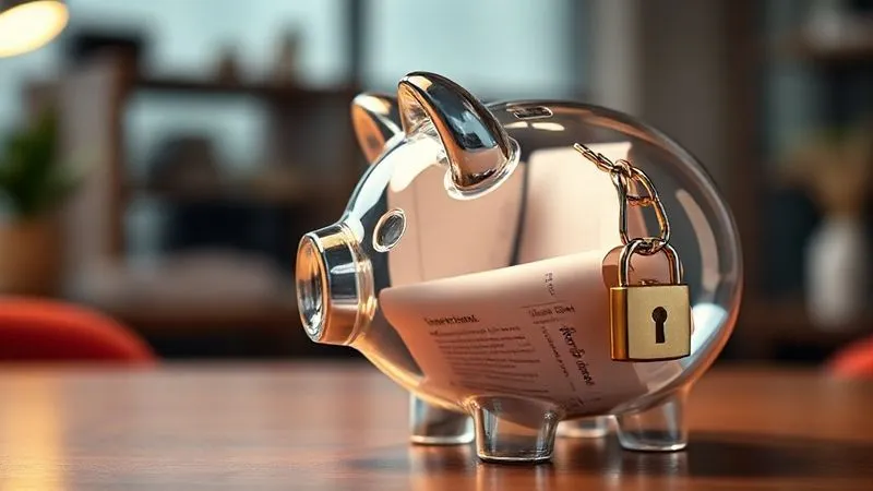 photorealistic, professional photography, 8K, cinematic lighting, sharp focus, depth of field, shot on a high-end DSLR. A stylized, transparent piggy bank in the shape of a child, with legal documents and a scroll of trust terms visible inside. The piggy bank is securely locked with a gleaming, intricate lock, symbolizing protection and careful management. The background is a soft, warm office setting, emphasizing security and professionalism.