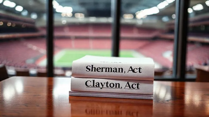 A photorealistic image of a stack of legal documents labeled 'Sherman Act' and 'Clayton Act' on a polished mahogany desk, with a blurred background of a sports arena through a window. Cinematic lighting, 8K, sharp focus on documents, depth of field, professional photography, shot on a high-end DSLR.