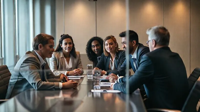 A photorealistic image of a group of diverse sports executives in a modern boardroom, engaged in serious discussion, but with a subtle, almost invisible, barrier or transparent wall separating them, symbolizing the need for independent decision-making. Cinematic lighting, professional photography, 8K, sharp focus, depth of field, shot on a high-end DSLR.
