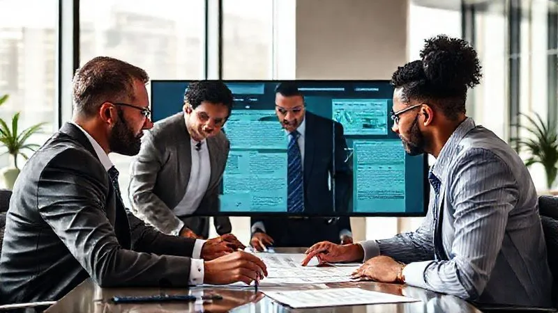 A photorealistic image of a diverse legal team in a modern, sunlit office, reviewing complex legal documents related to sports contracts and regulations on a large digital screen. The atmosphere is collaborative and focused, conveying expertise and diligence. 8K, cinematic lighting, sharp focus, depth of field, professional photography, shot on a high-end DSLR.