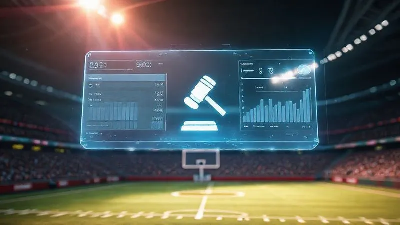 A photorealistic image depicting the intersection of sports and technology, with a holographic display showing player stats and analytics floating above a stylized sports field. A subtle legal 'gavel' icon is integrated into the holographic interface, symbolizing the oversight. Dynamic, futuristic lighting, 8K, sharp focus on the technology, depth of field, professional photography, shot on a high-end DSLR.