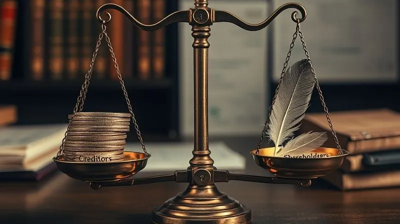 A photorealistic image of a vintage set of brass scales of justice, one pan heavily weighted with a stack of coins labeled 'Creditors', the other pan lighter with a single feather labeled 'Shareholders'. The background is a dimly lit, austere legal office with blurred financial documents. Cinematic lighting, sharp focus on the scales, depth of field. 8K hyper-detailed, professional photography, shot on a high-end DSLR.