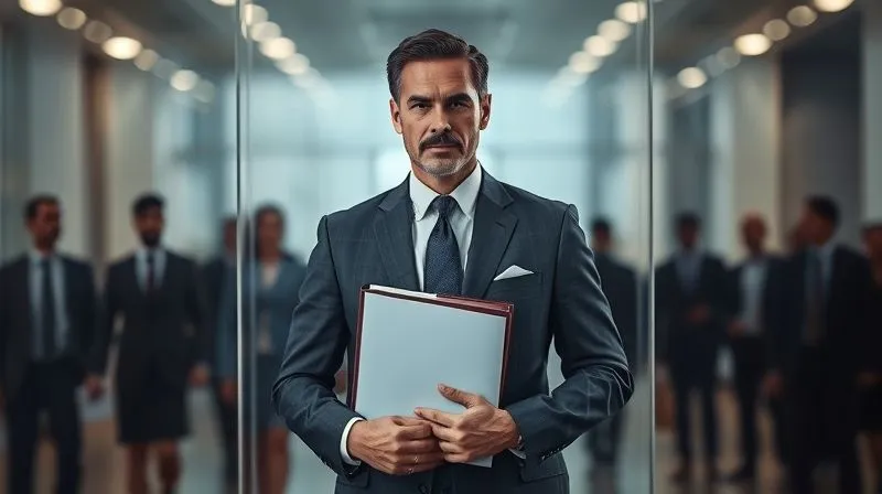 A photorealistic image of a director in a tailored suit standing confidently yet with a sense of guarded determination, behind a transparent, shimmering shield. In the background, blurred figures represent legal challenges and financial distress. The director holds a well-organized binder of documents. Cinematic lighting, sharp focus on the director and shield, depth of field. 8K hyper-detailed, professional photography, shot on a high-end DSLR.