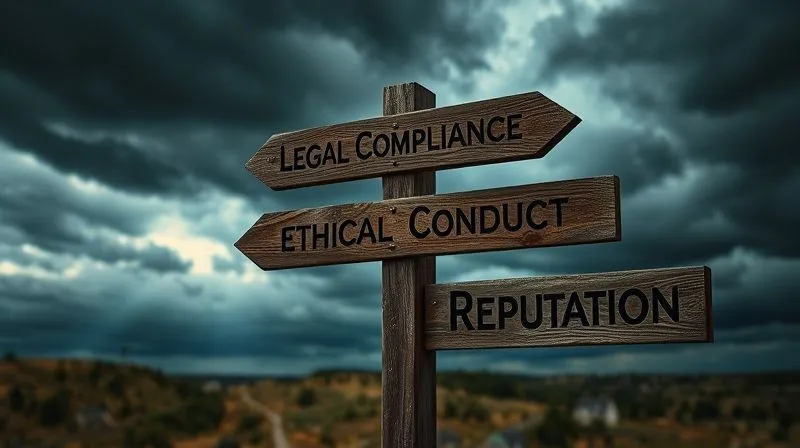 A photorealistic image of a weathered, antique wooden signpost at a crossroads. One path points to 'Legal Compliance' and the other to 'Ethical Conduct', both merging towards 'Reputation'. The signpost is slightly worn but stands firm against a stormy, dramatic sky, with a subtle ray of light breaking through. Cinematic lighting, sharp focus on the signpost, depth of field. 8K hyper-detailed, professional photography, shot on a high-end DSLR.