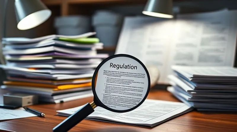 A photorealistic image of an organized desk with stacks of environmental compliance documents, permits, and monitoring reports, illuminated by a single focused desk lamp. A magnifying glass hovers over a critical section of a complex regulation, symbolizing meticulous investigation. Professional photography, 8K, cinematic lighting, sharp focus, depth of field.