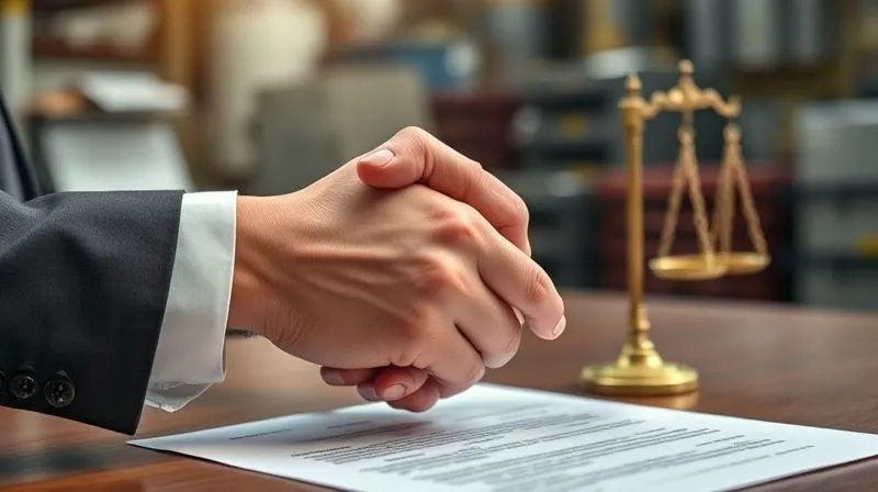 A photorealistic image of two hands, one in a business suit and the other in a legal robe (or just a professional hand), shaking firmly over a table with a signed settlement agreement document, a subtle background of an industrial facility, and a scale of justice slightly out of focus. Professional photography, 8K, cinematic lighting, sharp focus, depth of field.